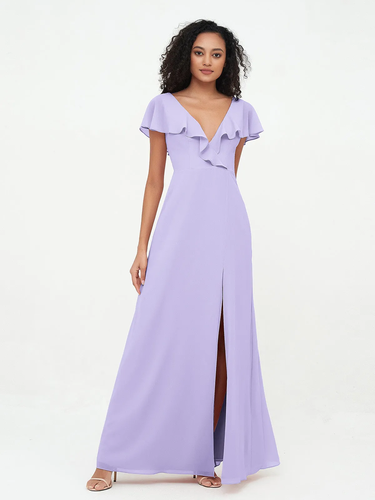 A-ligne Robes à Col en V en Mousseline avec Poches Lilas