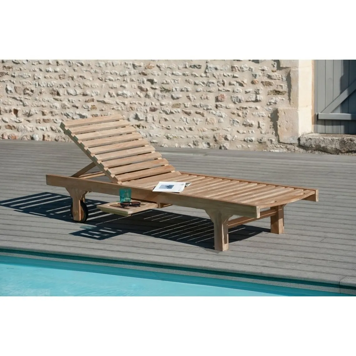Bain de soleil avec roulettes en bois Teck | Fauteuil de jardin 3 SUISSES