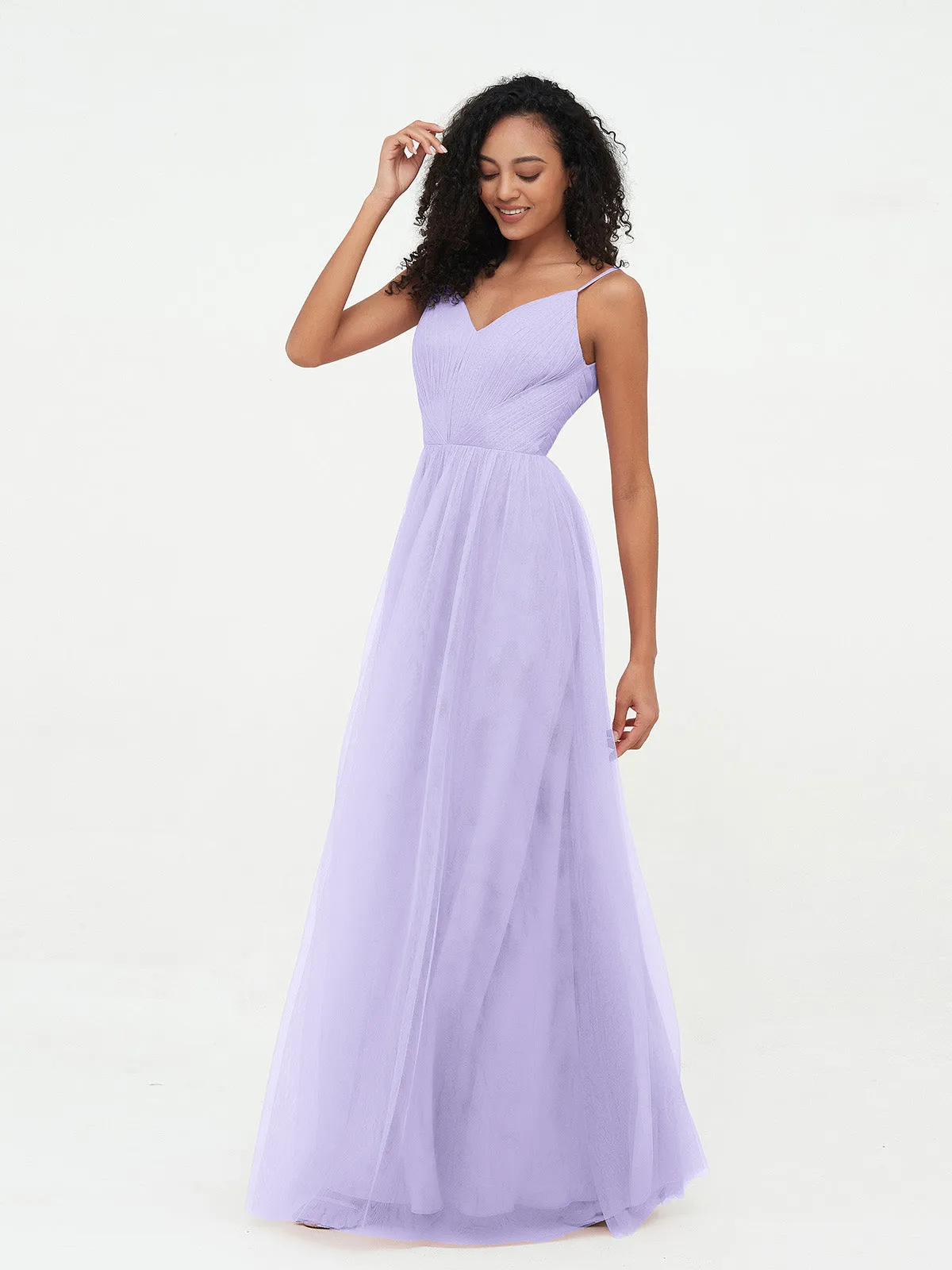 Bretelles Spaghetti Robes Maxi Plissé en Tulle Lilas Grande Taille