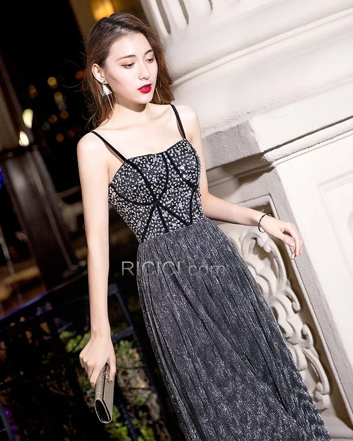 Brillante Sexy Empire Longue Plissée Cristal Robe De Soirée Dos Nu Robe De Ceremonie Robe De Bal Évasée Sequin Noire