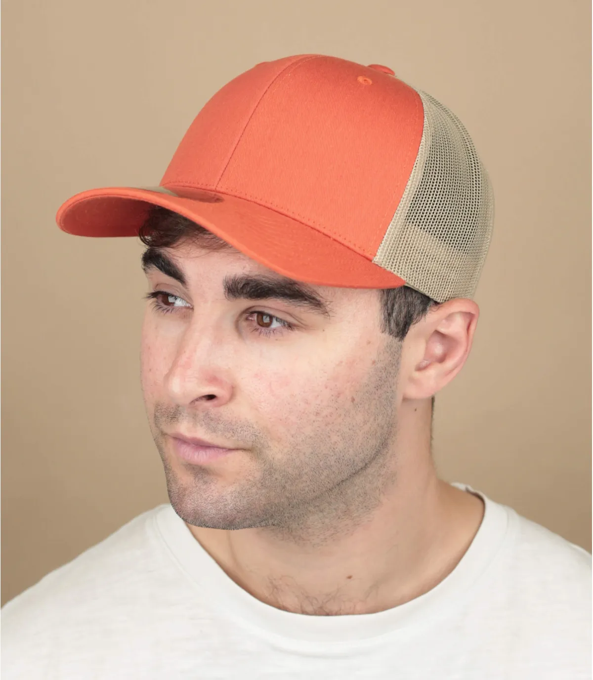 Casquette trucker orange et beige - Casquette trucker orange et beige Yupoong : Headict