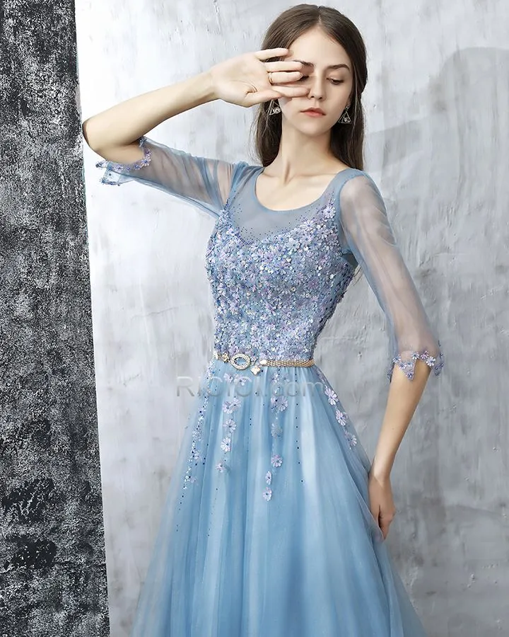 Col Bateau Robe De Soirée Confirmation Empire Appliques Perlage Dos Nu Tulle