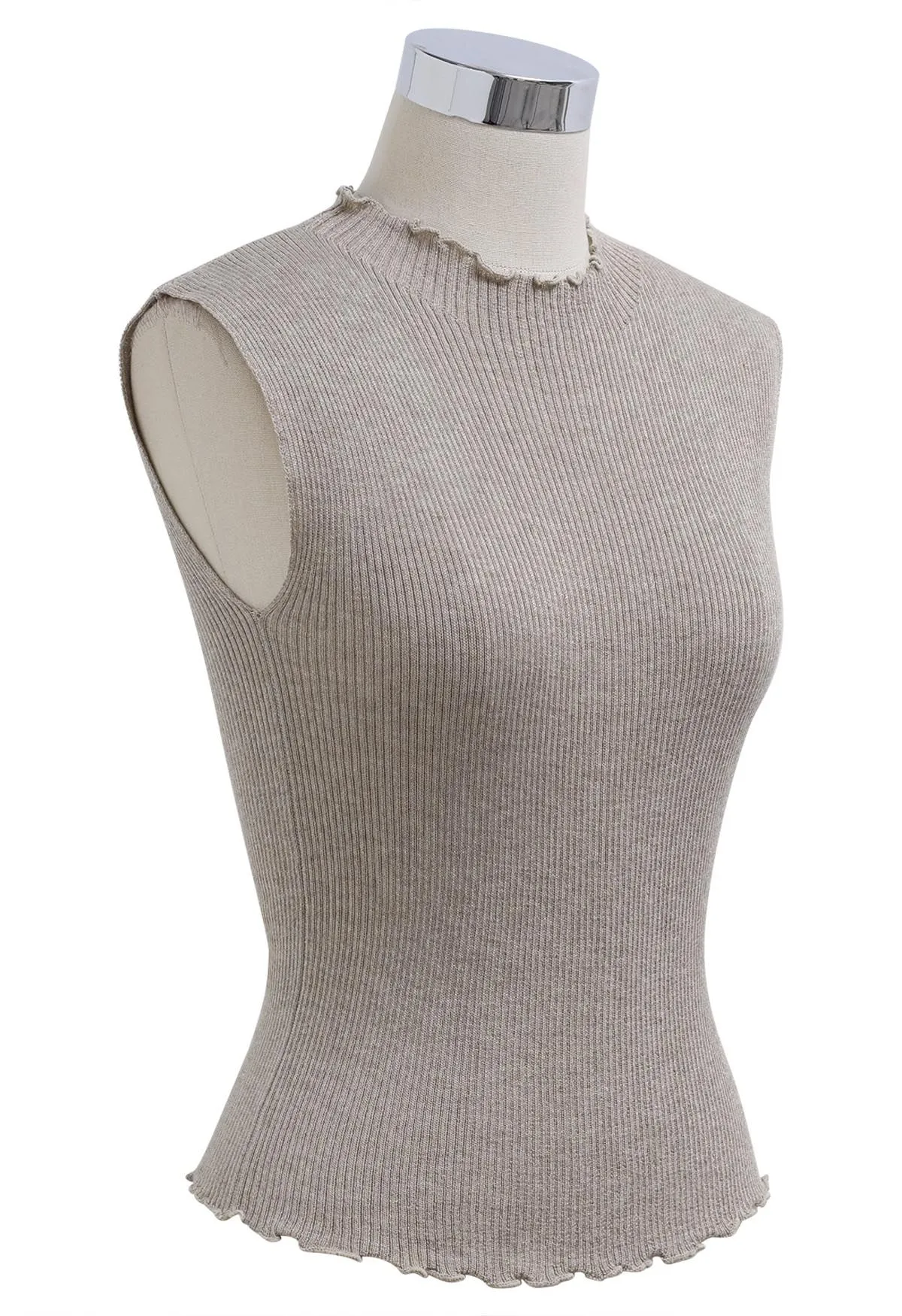 Haut en tricot sans manches à bord de laitue pailleté en taupe