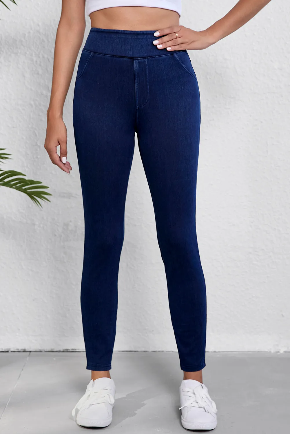 Jegging slim extensible taille haute Ashleigh bleu de couleur unie