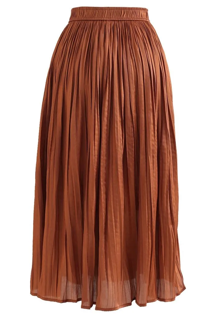 Jupe mi-longue plissée à taille élastique scintillante en caramel