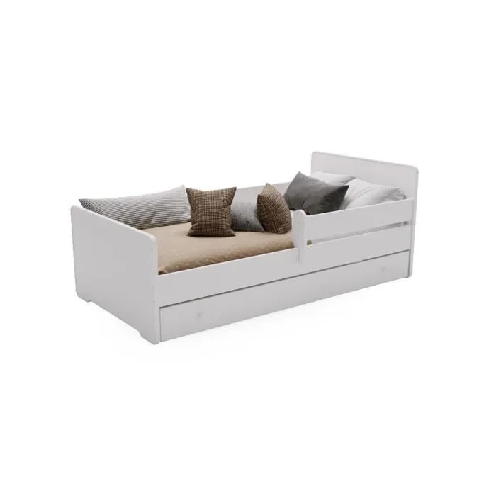 Lit d'enfant Complet 80x160 cm MAX sommier, barrièreères, tiroir, matelas pour Filles garçons lit Simple - BLANC