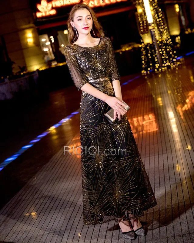 Longue Robe Cocktail Robes De Soirée Demi Manche Empire Paillette Scintillante Robe De Fête Chocolat Robe De Bal