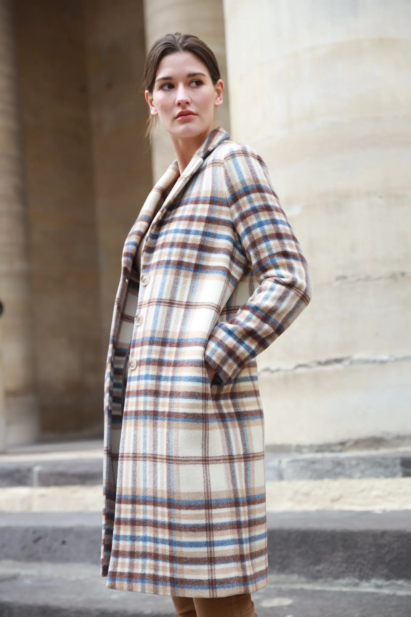 Manteau Léontine en Laine - Carreaux marron