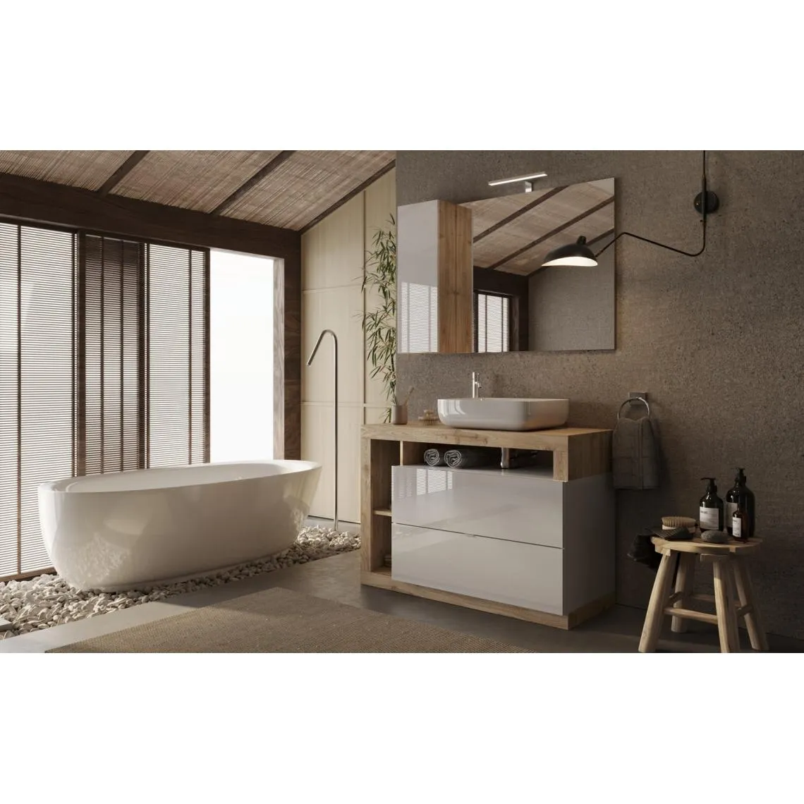 Meuble salle de bain Ancona sur pieds 2 Tiroirs  3 niches vasque à poser  | 3 Suisses