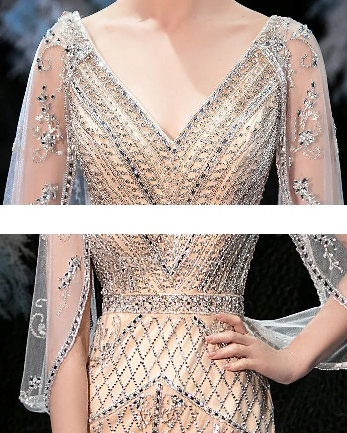 Paillette Robe Fiancaille Champagne Perlage Belle Robe Gala De Soirée Scintillante Longue Dos Nu Demi Manche