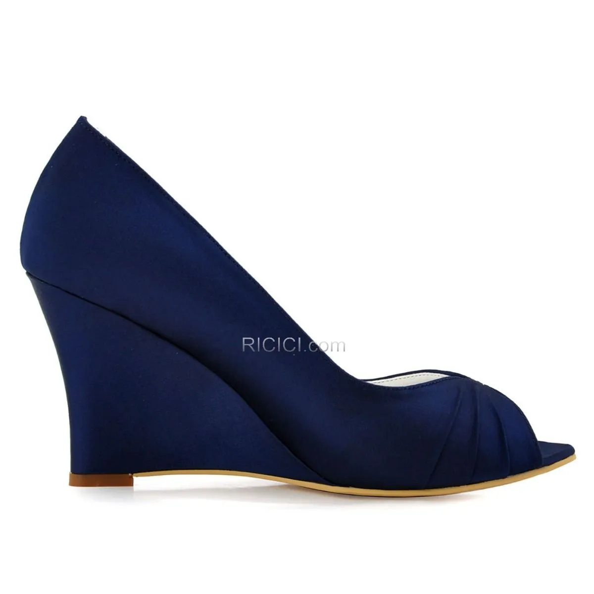 Plissée Bout Rond Bleu Marine Satin Peep Toes Compensées 8 cm Talon Haut Chaussure Mariée