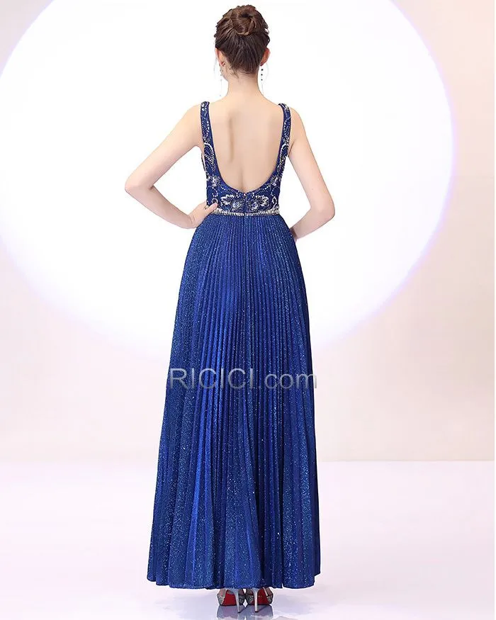 Princesse Dos Nu Glitter Bleu Electrique Robe De Bal Paillette Robes De Soirée Décolleté Sans Manches Robe De Ceremonie Scintill