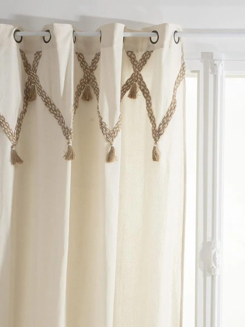 Rideau à pompons en coton et jute - Beige clair