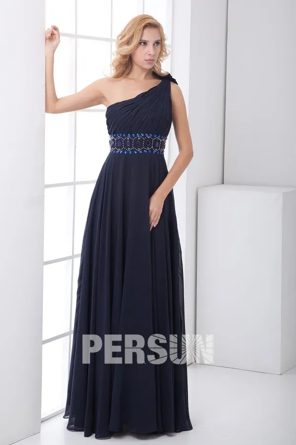 Robe bleu nuit col asymétrique ornée de fleurs & taille ornée de strass