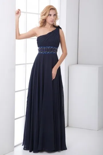 Robe bleu nuit col asymétrique ornée de fleurs & taille ornée de strass