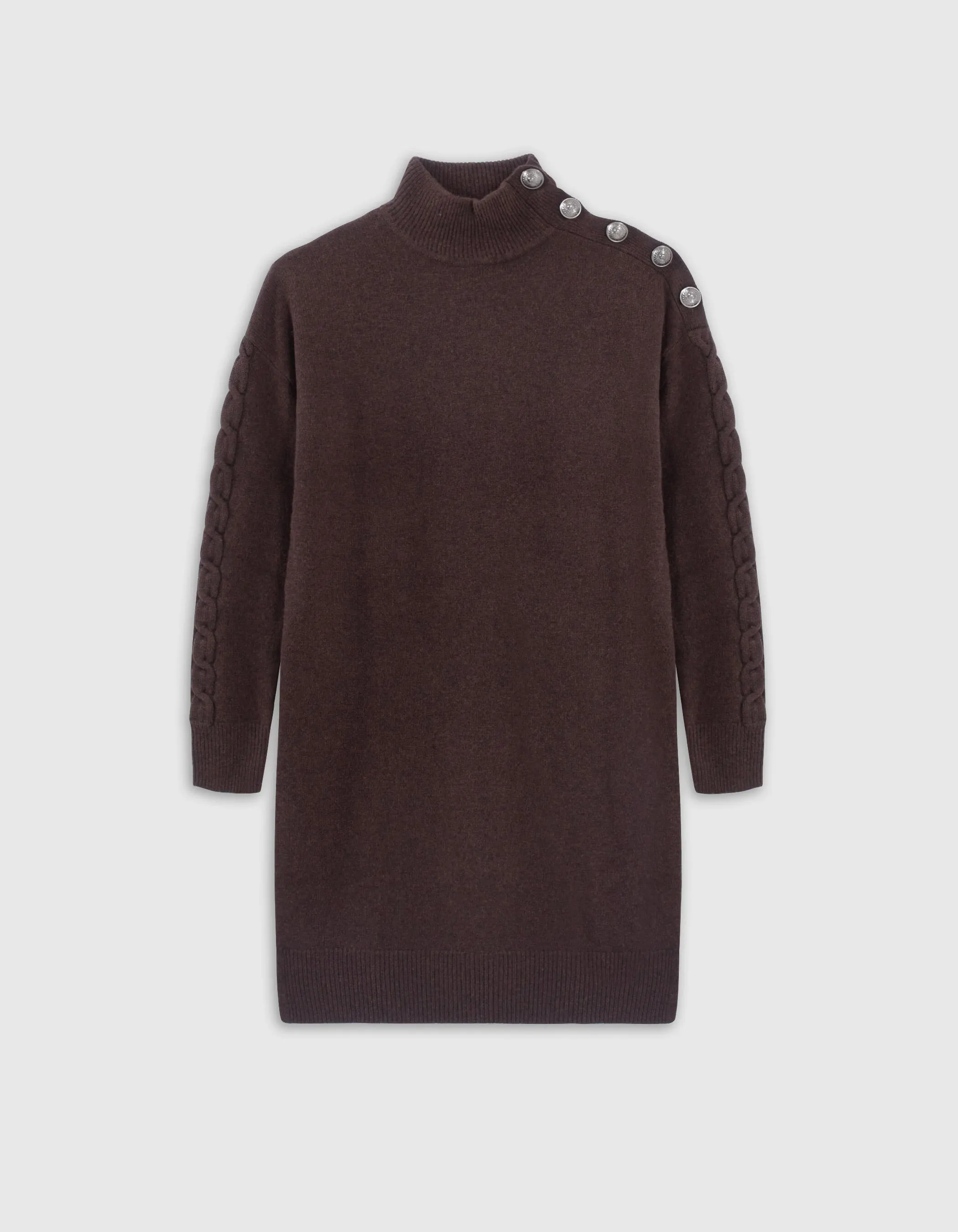 Robe chocolat tricot boutons gravés sur l'épaule Femme