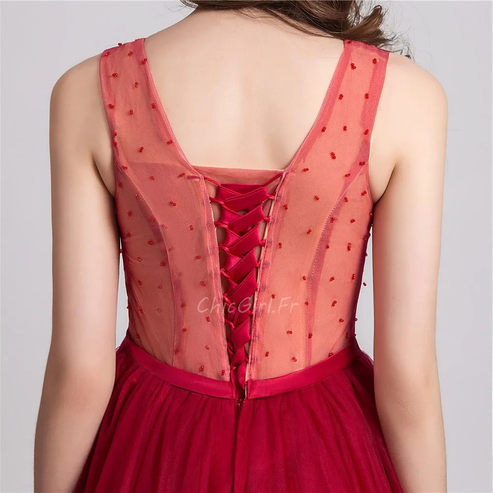 Robe De Bal De Finissants Longue Rouge Tulle Fleurie Perle Col V