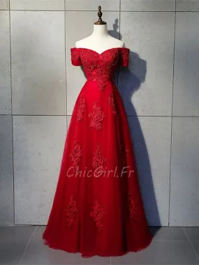 Robe De Soirée Bal Elegante Longue Rouge Tulle Dentelle Perle Epaule Dénudée
