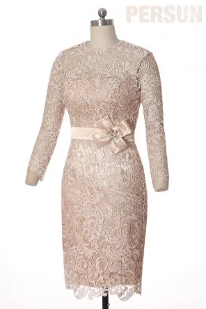 Robe de soirée champagne en dentelle guipure pour mariage avec manche