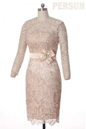 Robe de soirée champagne en dentelle guipure pour mariage avec manche