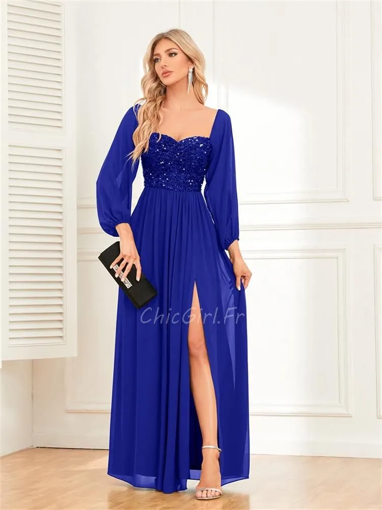Robe De Soirée Décolleté Coeur Manche Longue Bleu Roi Mousseline Paillette Fendue Sur Le Coté