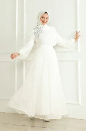 Robe De Soirée Mousseline à Paillette 6348-03 Blanc 6348-03