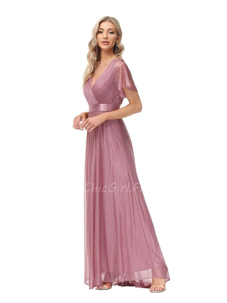 Robe De Soirée Pour Mariage Longue Vieux Rose Scintillante Tulle Manche Papillon