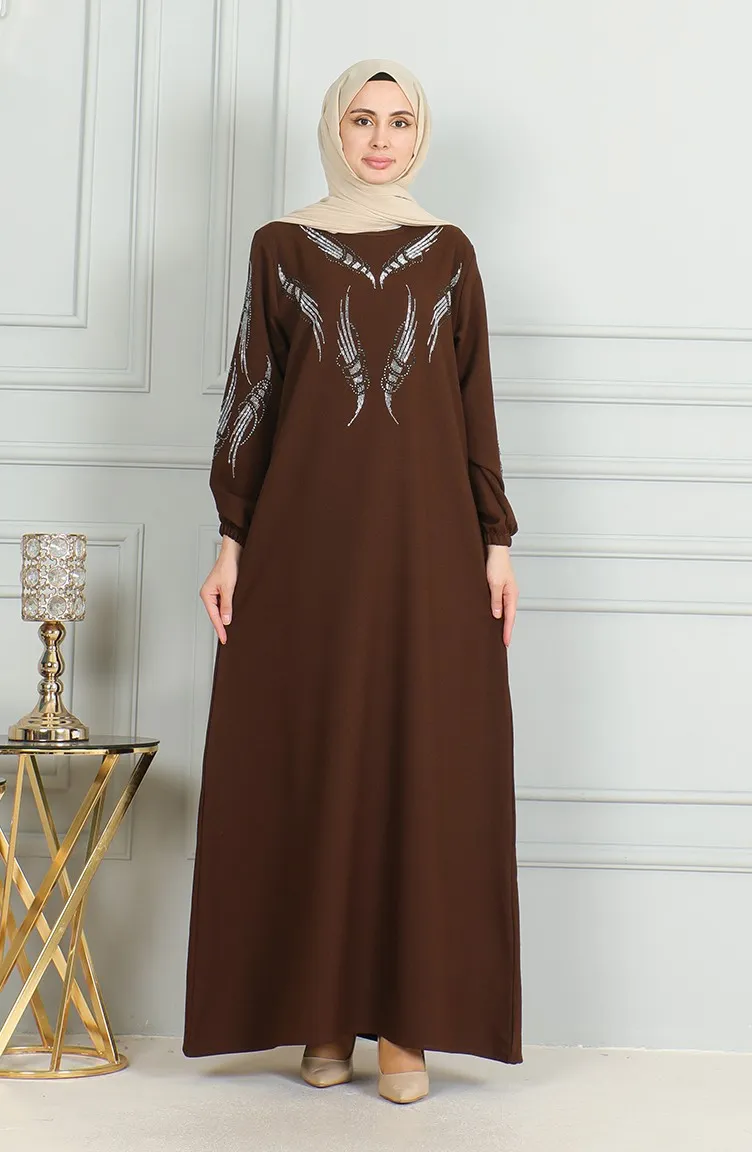 Robe De Soirée Stoned Avec Manches Elastiques 0497-03 Marron 0497-03