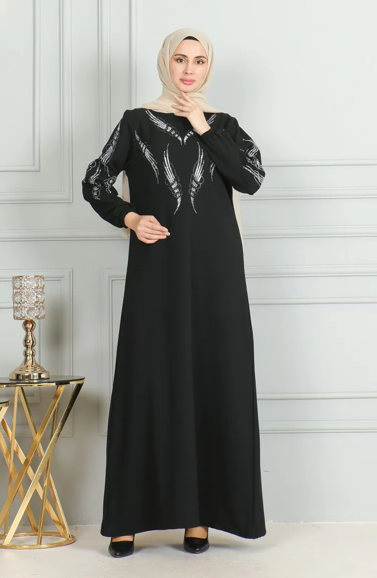 Robe De Soirée Stoned Avec Manches Elastiques 0497-05 Noir 0497-05