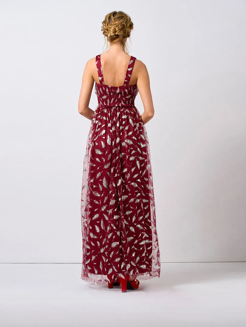Robe de soirée à motif plume argentée