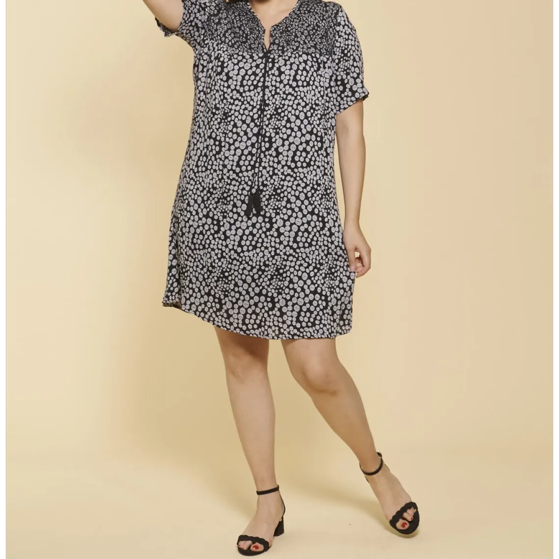 Robe imprimée nid d'abeille manches courtes femme - Imprimé Noir et Blanc en coton | 3 Suisses