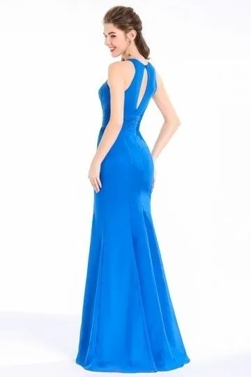Robe longue bleue azur en sirène pour soirée encolure illusion dos à découpe - Robedesoireelongue.fr
