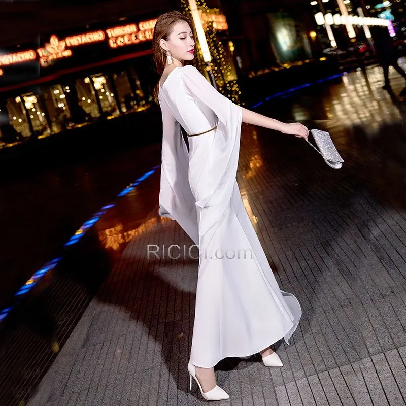 Simple Blanche Ceinture Robe Fiancaille 2019 Mousseline Robe De Soirée Manche Cloche Belle Fourreau Manche Longue