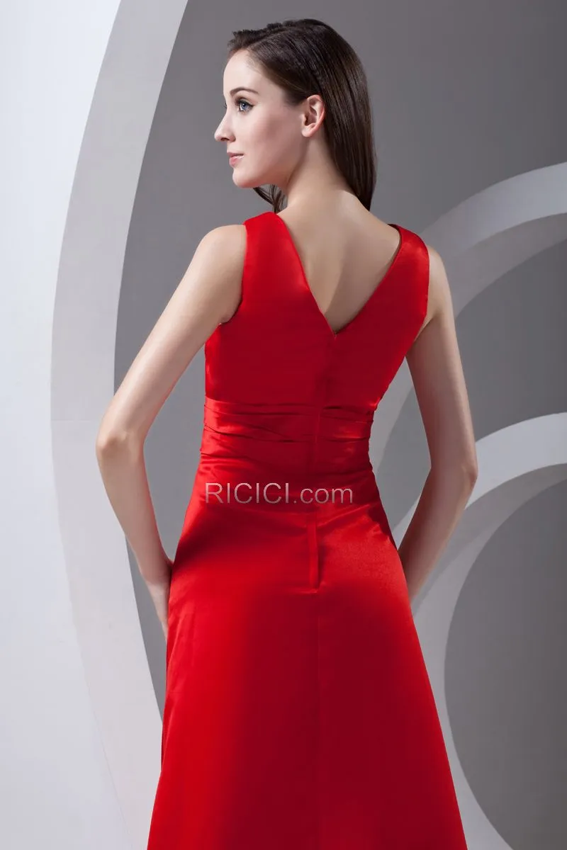 Simple Décolleté Rouge Robe De Ceremonie De Soirée Satin Volantée Empire