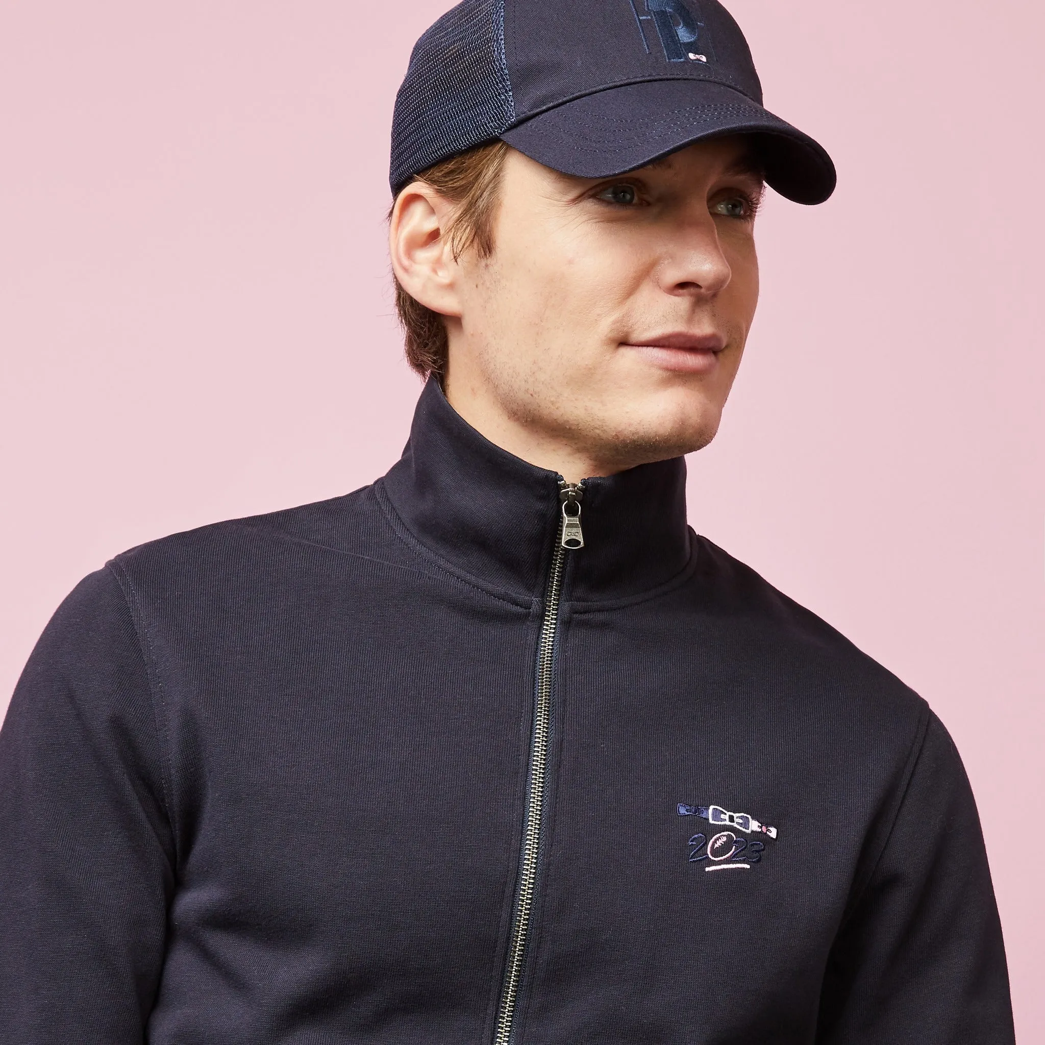 Sweat zippé bleu marine à col montant