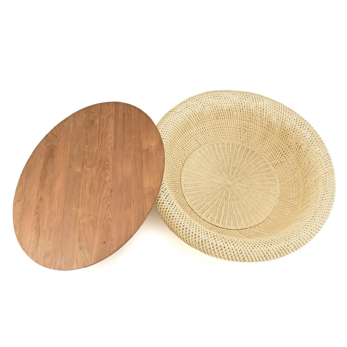 Table basse ronde 100x100cm en rotin beige plateau amovible  | 3 Suisses