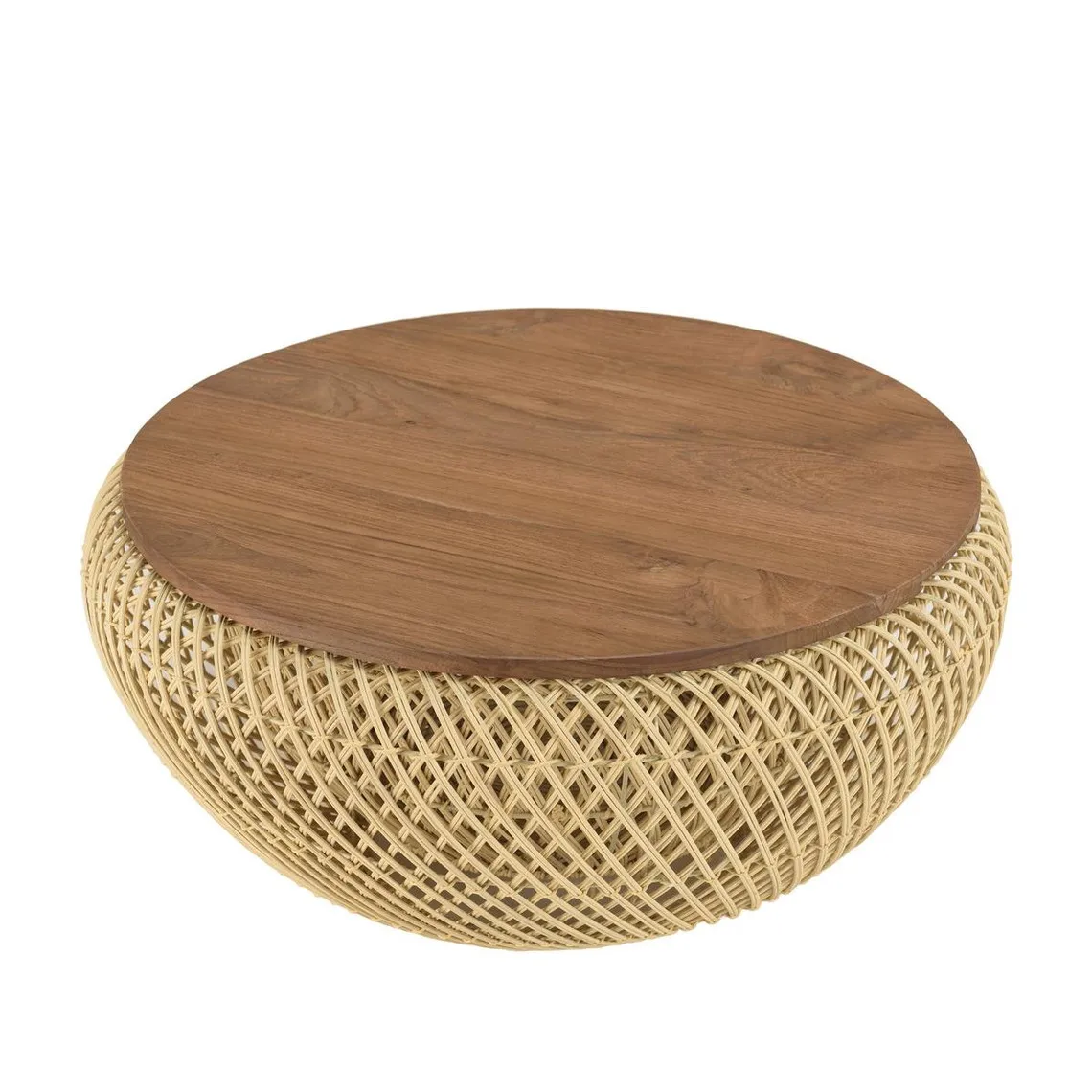 Table basse ronde 65x65cm en rotin beige plateau amovible  | 3 Suisses