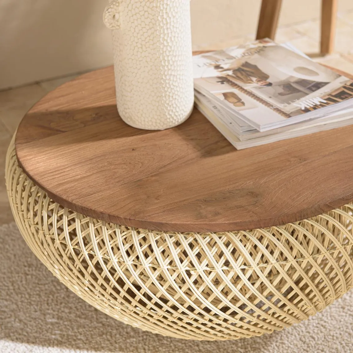 Table basse ronde 65x65cm en rotin beige plateau amovible  | 3 Suisses